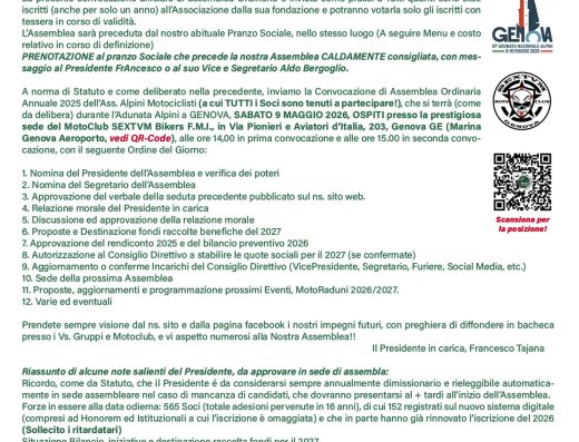 ALPINI MOTOCICLISTI – PRANZO E ASSEMBLEA SOCIALE 2026
